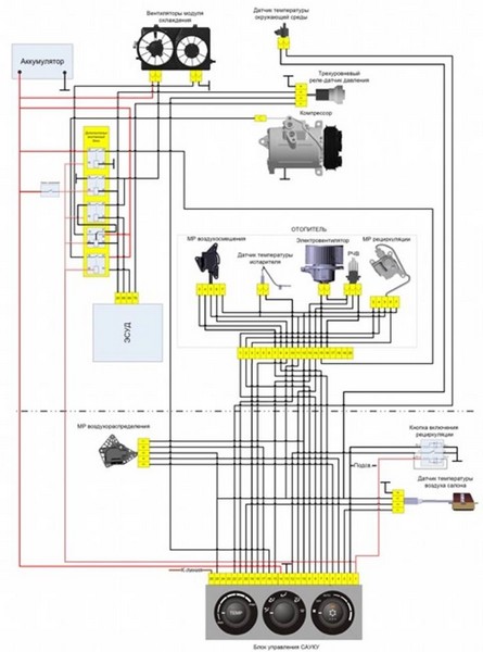 Схема электрическая принципиальная системы кондиционирования и отопления Лады Приора